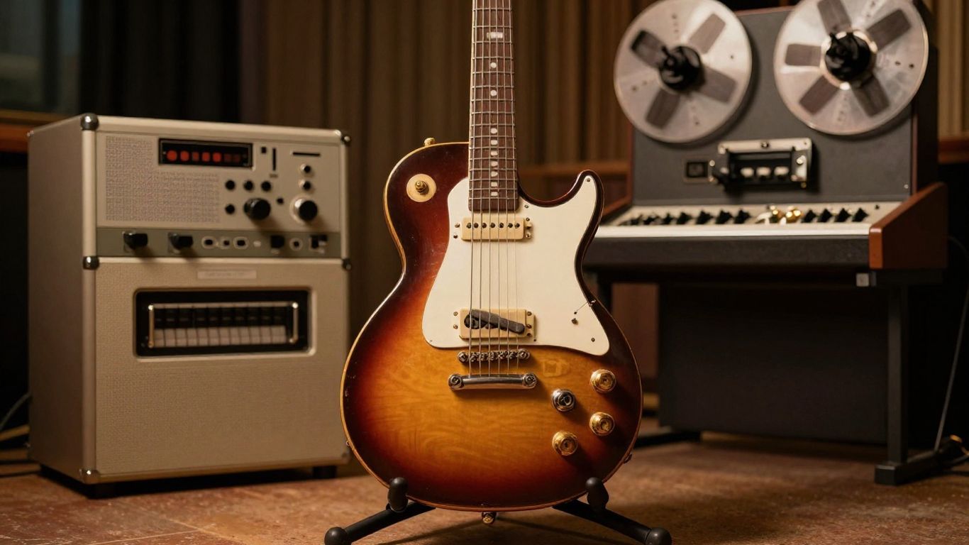Les Paul guitar and vintage recording equipment in a studio.