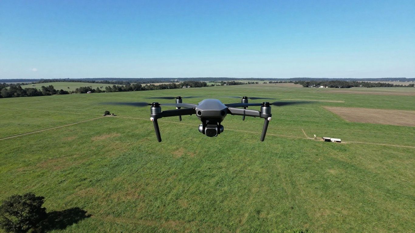 Drone capturing aerial photographs of green landscape.