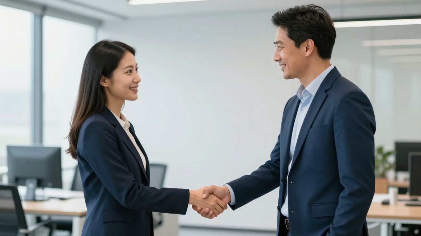 Zwei Geschäftsleute schütteln sich die Hände im Büro.