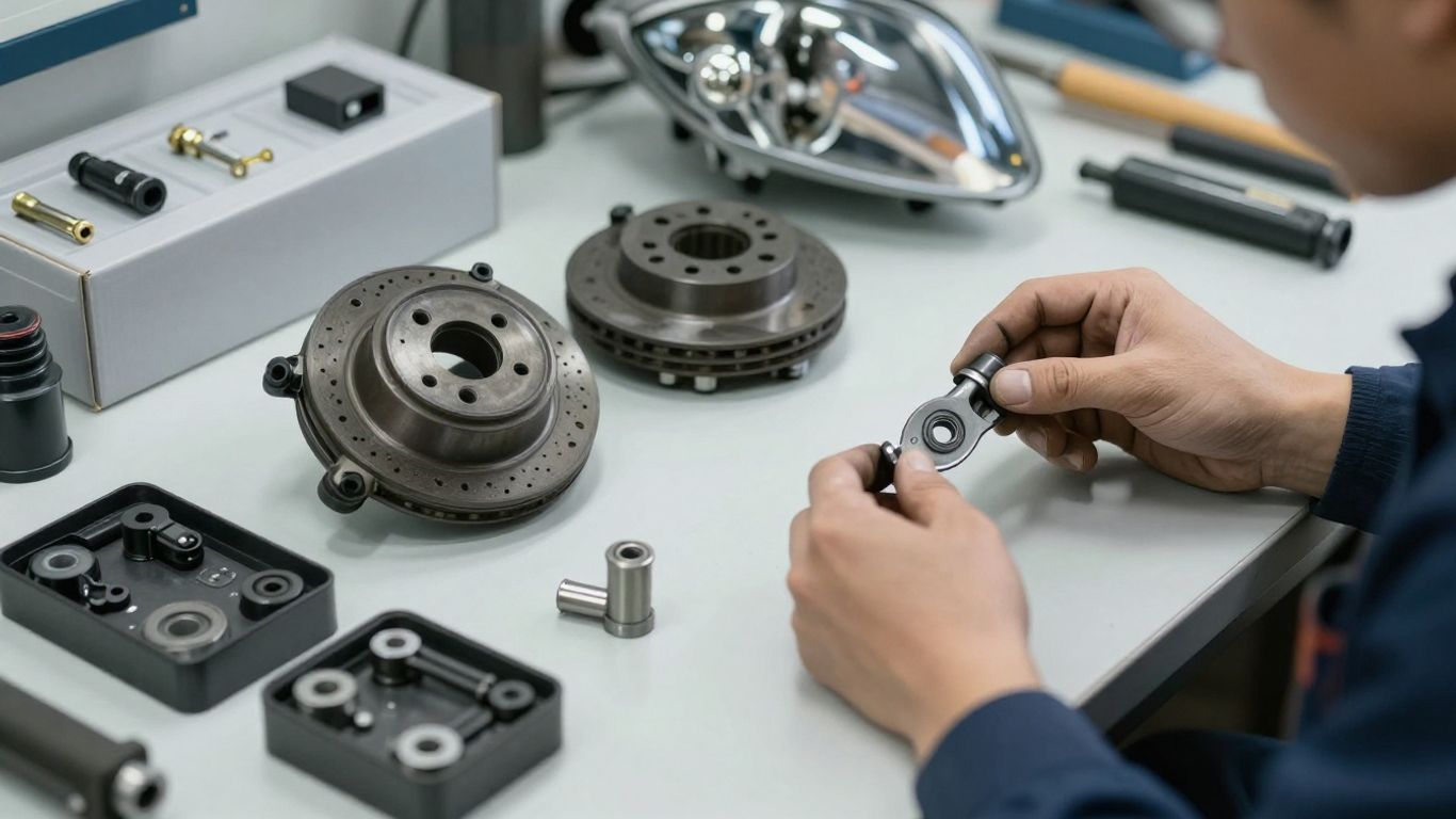 Close view of clean automotive components on a workbench