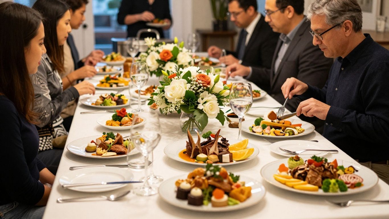 Buffet traiteur élégant avec plats variés et invités