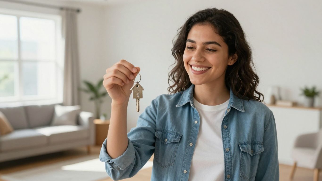 Persona feliz con llave de casa y fondo de hogar moderno.