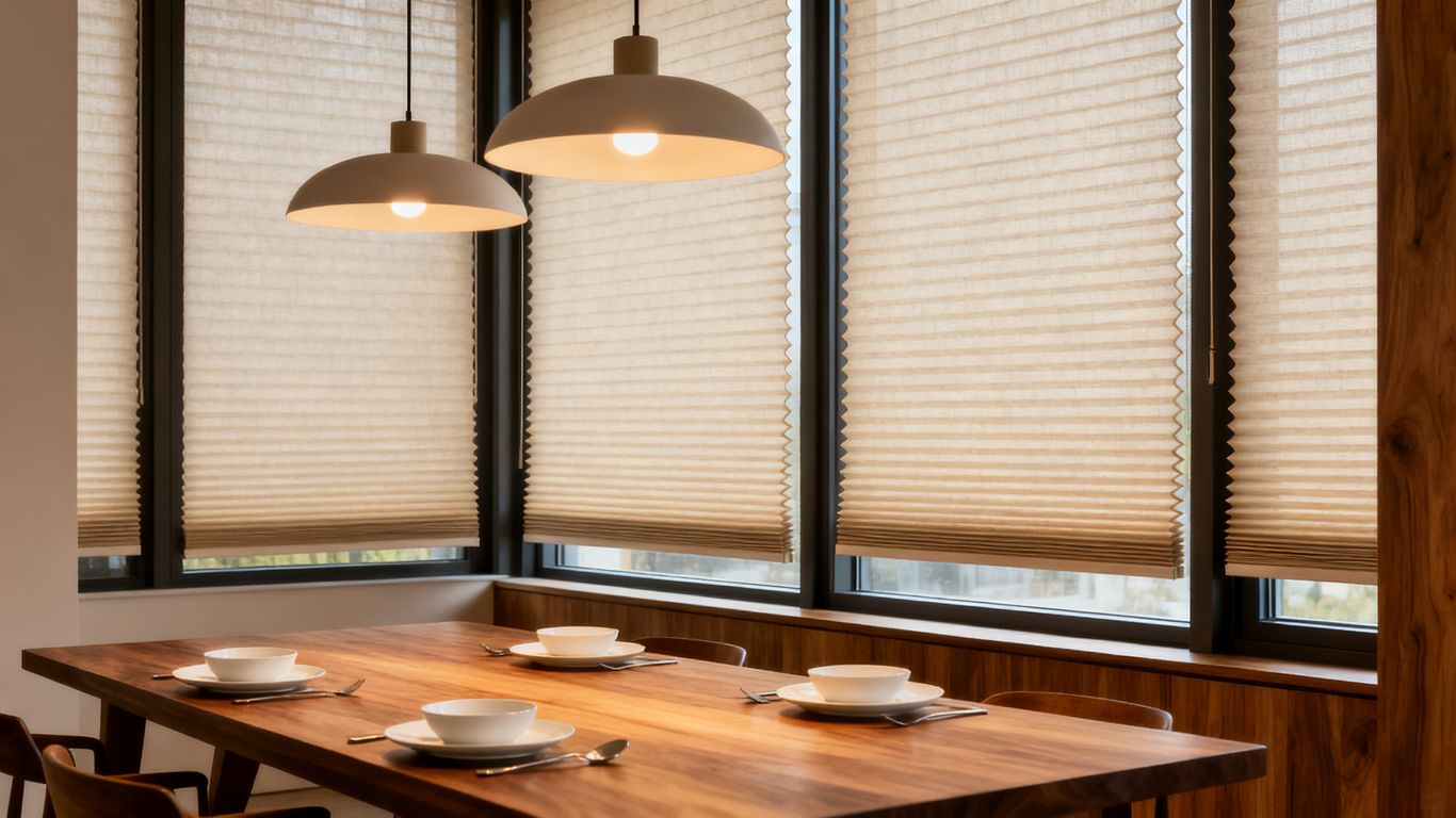 A beautifully designed dining area showcasing customized honeycomb shades