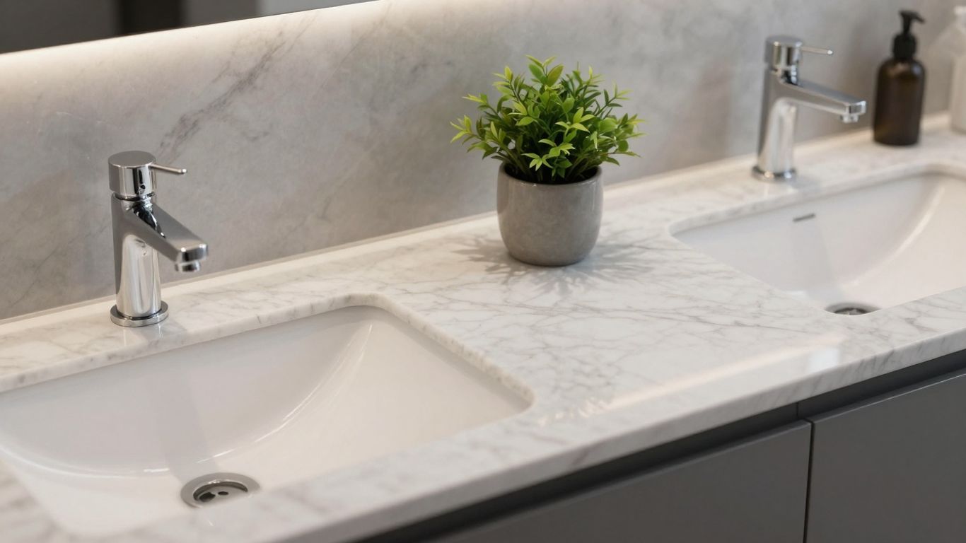 Modern bathroom vanity countertop with marble pattern and faucet.