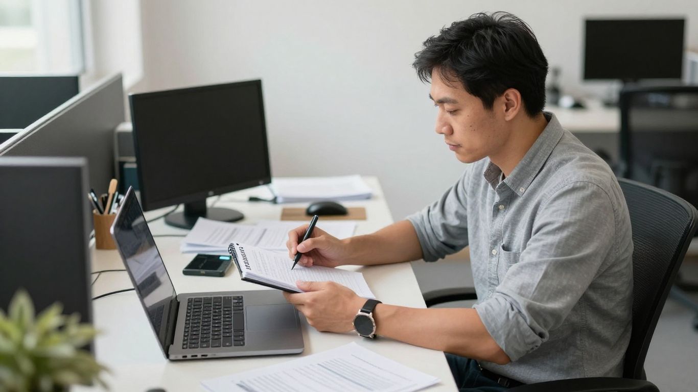 Employee reviewing career notes in a quiet workspace