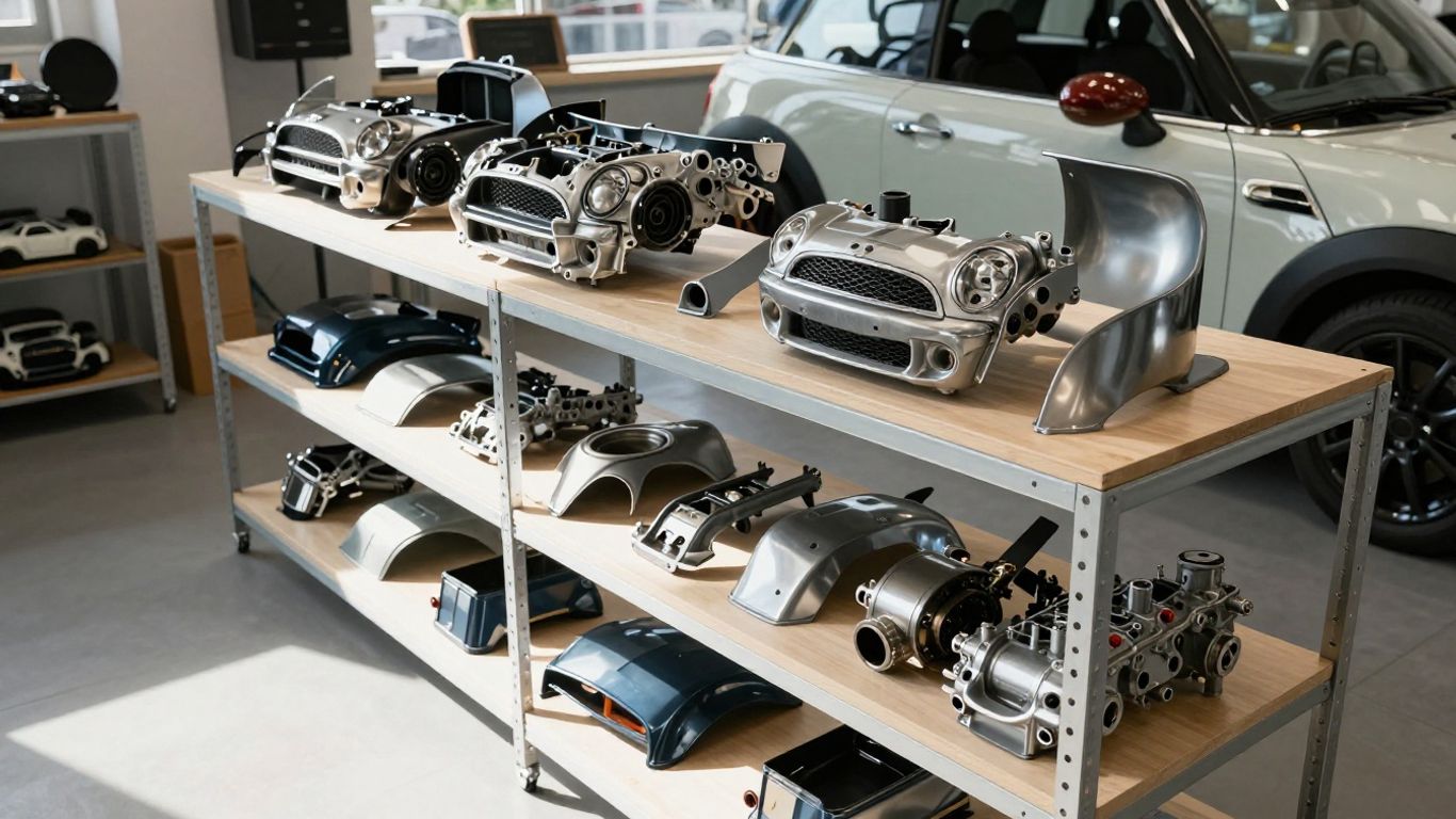Mini Cooper parts in a Sydney wreckers workshop.
