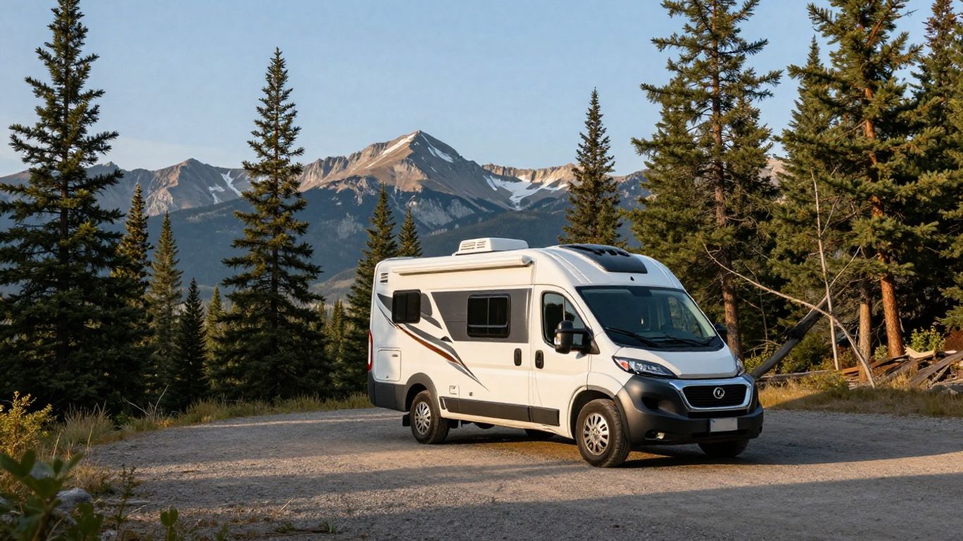 Motorhome parked with scenic Canadian mountains view.
