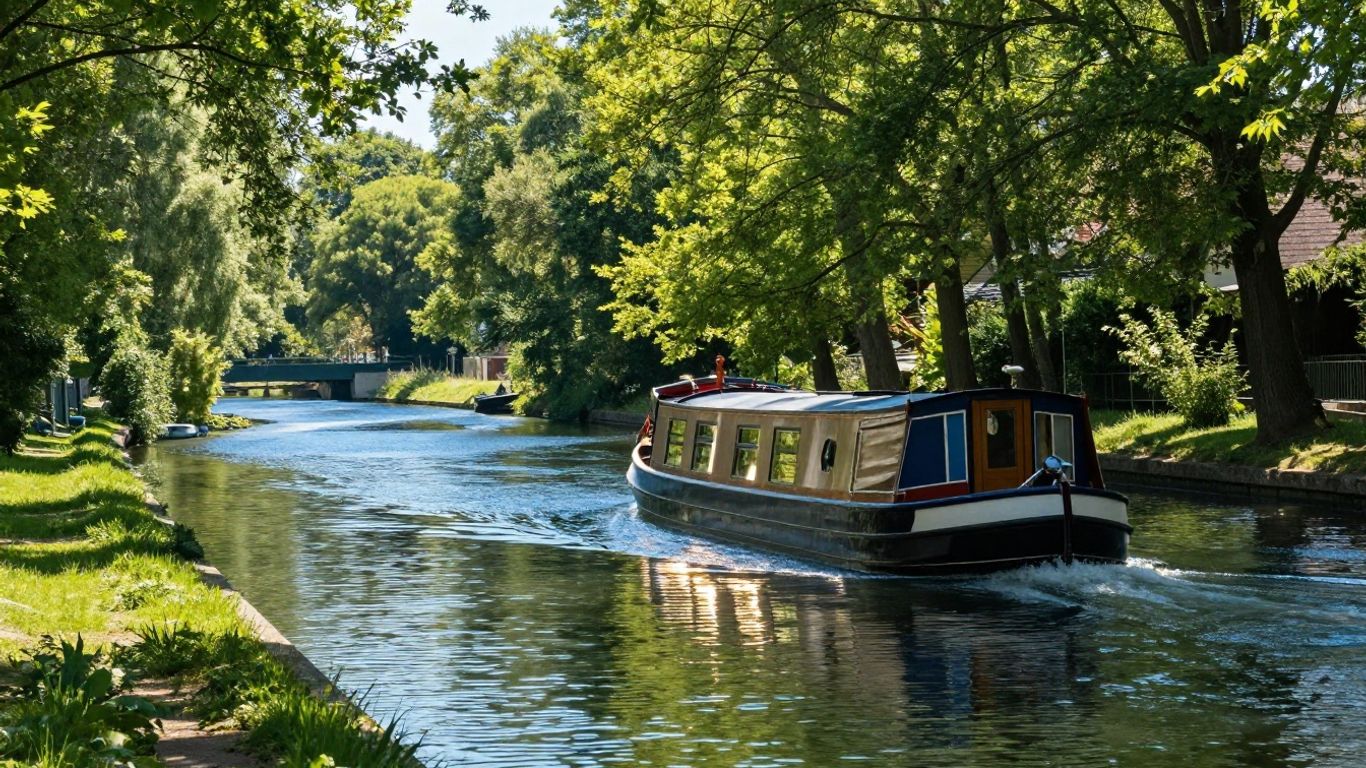 Barge on Canal de Garonne with trees