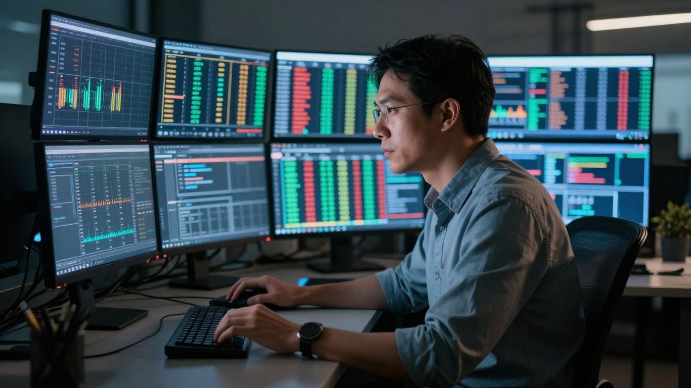 A professional trader monitoring multiple screens