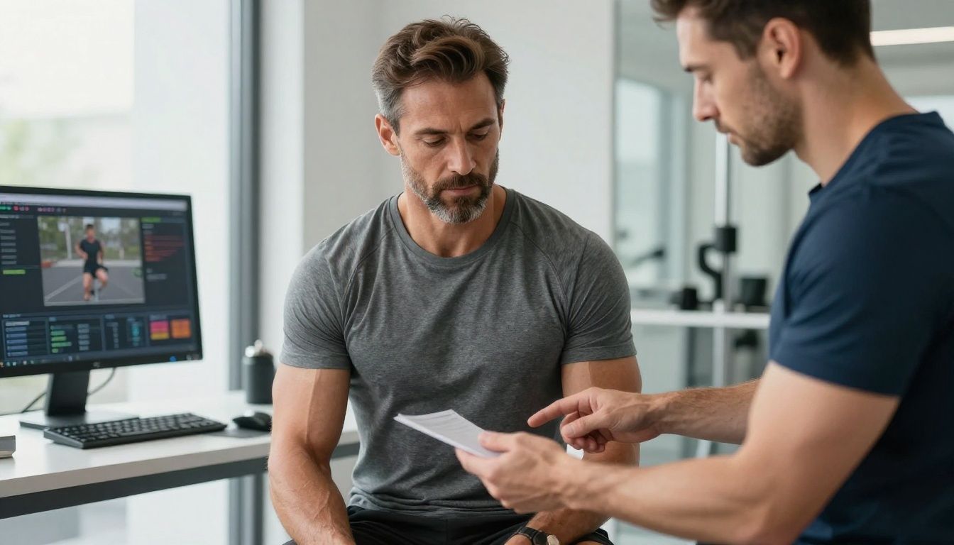Realistic premium men’s health scene showing a confident diverse man in his 40s completing strength training while a professional provider reviews body-composition and recovery data in an upscale clinic; natural lighting, sophisticated fitness and medical setting, no logos, no text, no exaggerated muscles, accurate hands.