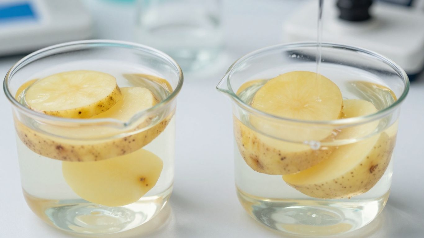 Aardappelschijfjes in water en zout water, osmose experiment.
