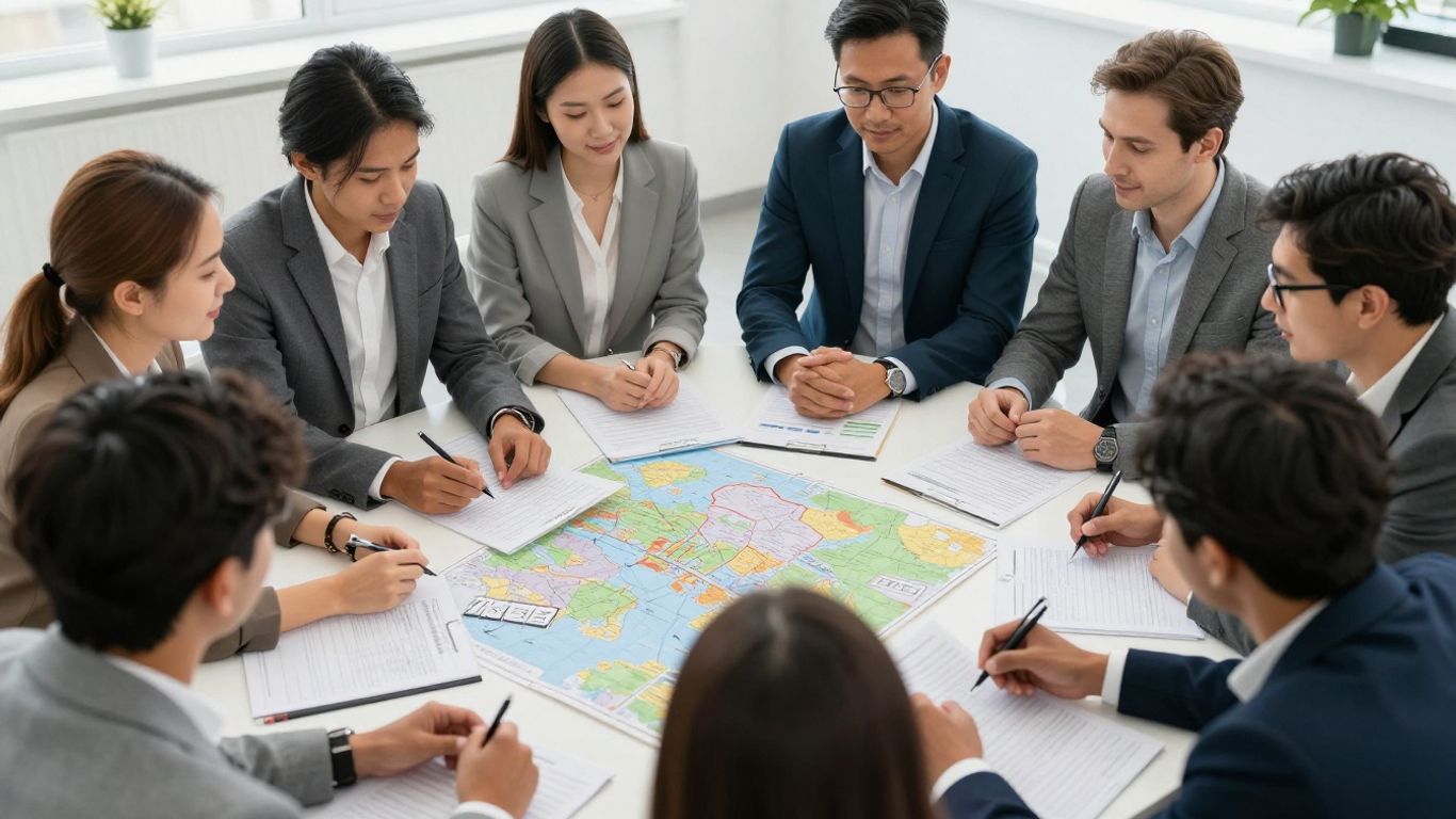 Employees discussing cultural preparation around a conference table