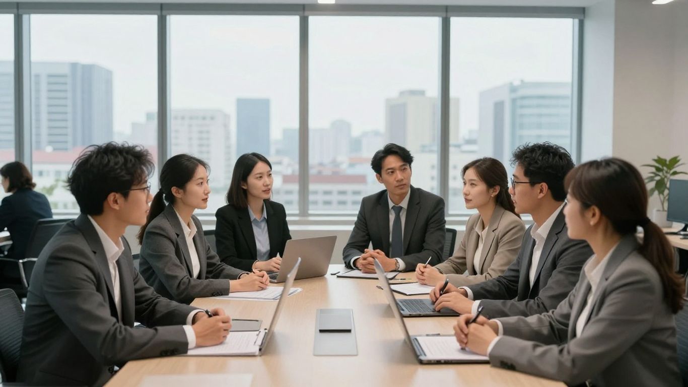 Professionals collaborating in a modern office with city views.