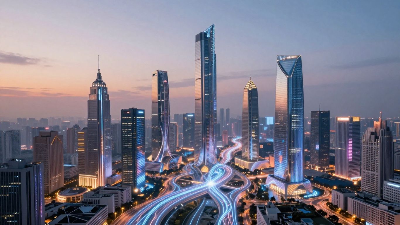 Digital infrastructure connecting futuristic city buildings.