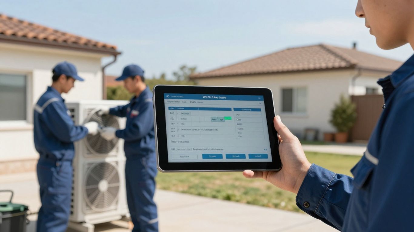 HVAC technician using a tablet for digital work orders.
