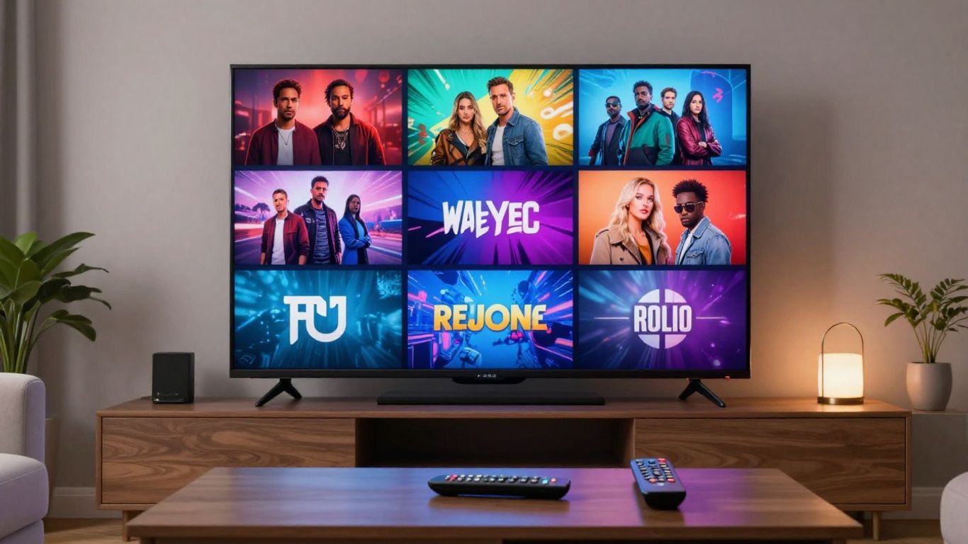 Television screen showing diverse entertainment channels.
