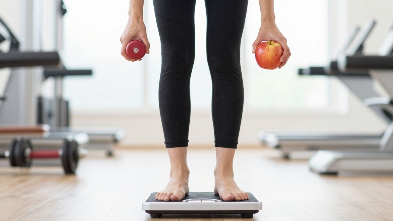 Person on scale with apple and dumbbell.