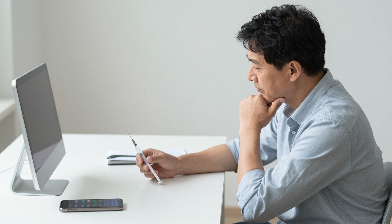 A person in their 40s sitting at a clean, modern desk, looking thoughtfully at a vial and a syringe, with a smartphone nearby displaying a health tracking app.