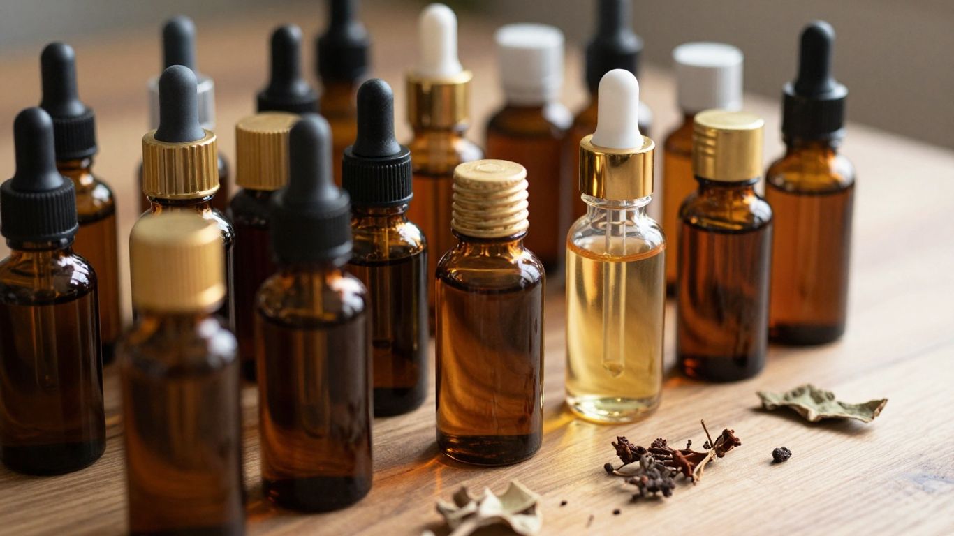 Bottles of essential oils with dried botanicals.