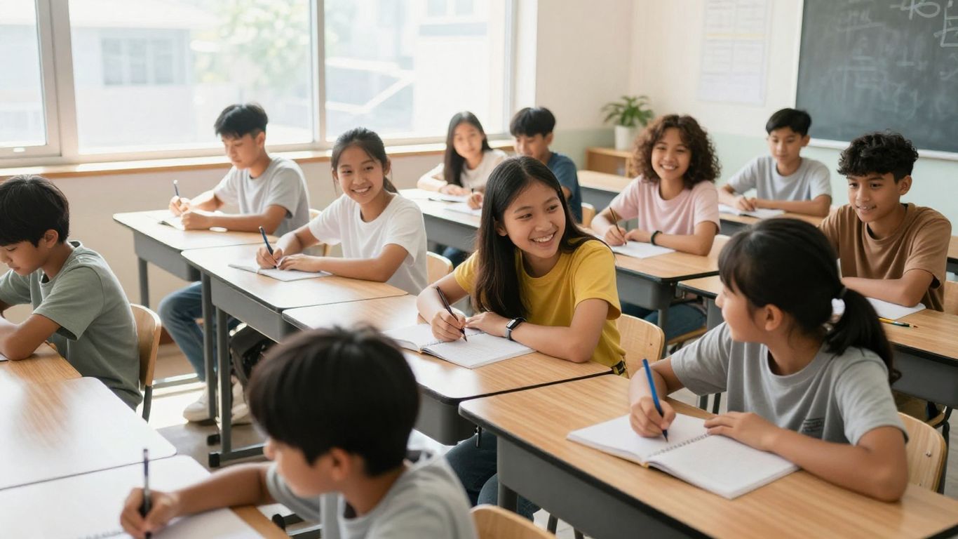 Estudiantes aprendiendo en un aula moderna y luminosa.