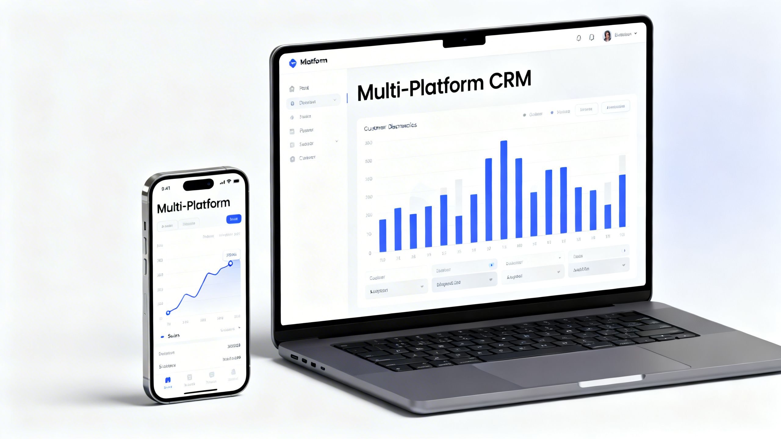 A smartphone and a laptop displaying a clean dashboard with charts and graphs, illustrating a multi-platform CRM