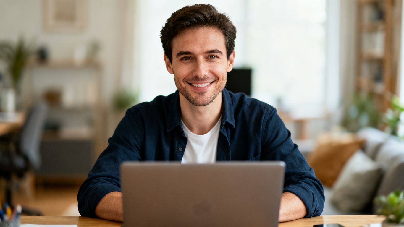 Person confidently leading a virtual meeting from their desk.