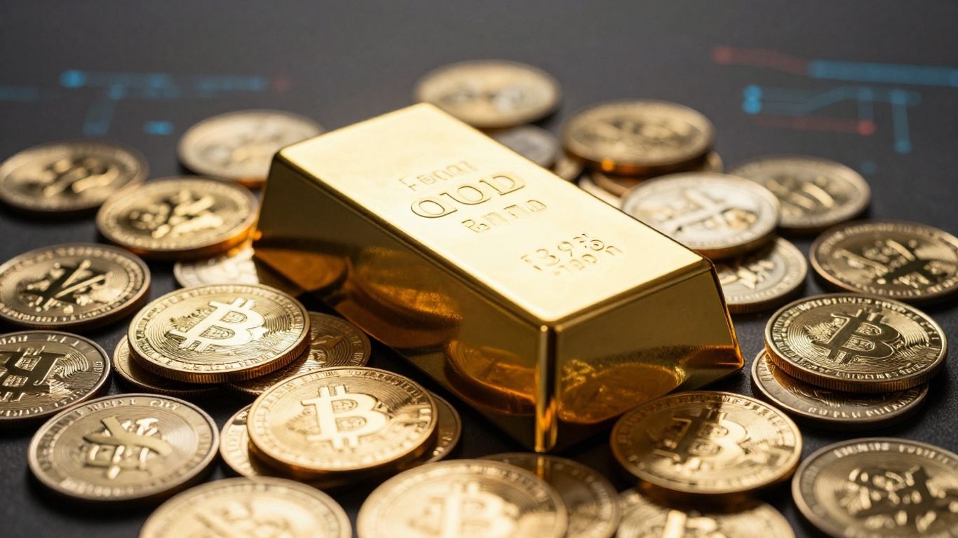Barre d'or et pièces de cryptomonnaie