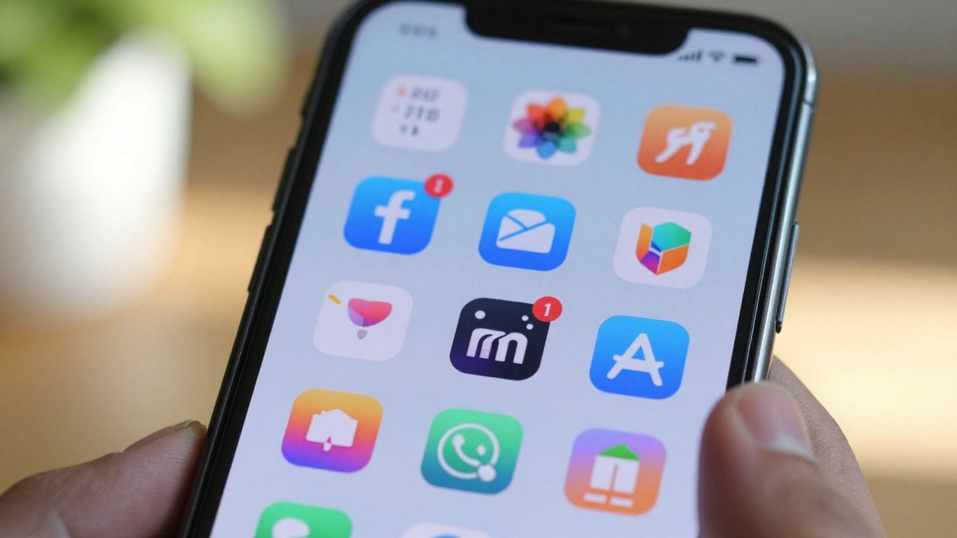 Tela de celular com ícones de aplicativos financeiros e de organização.