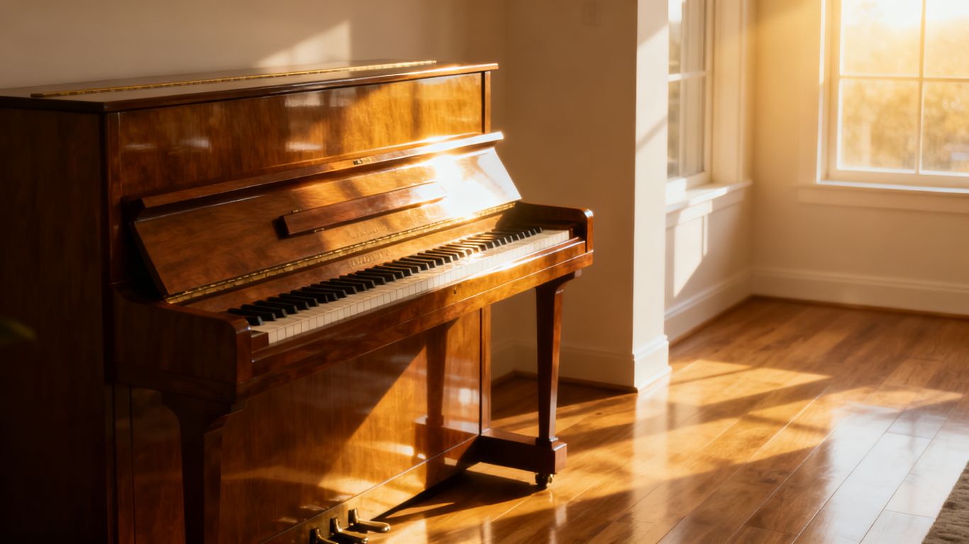 A closed upright piano in a bright, modern room