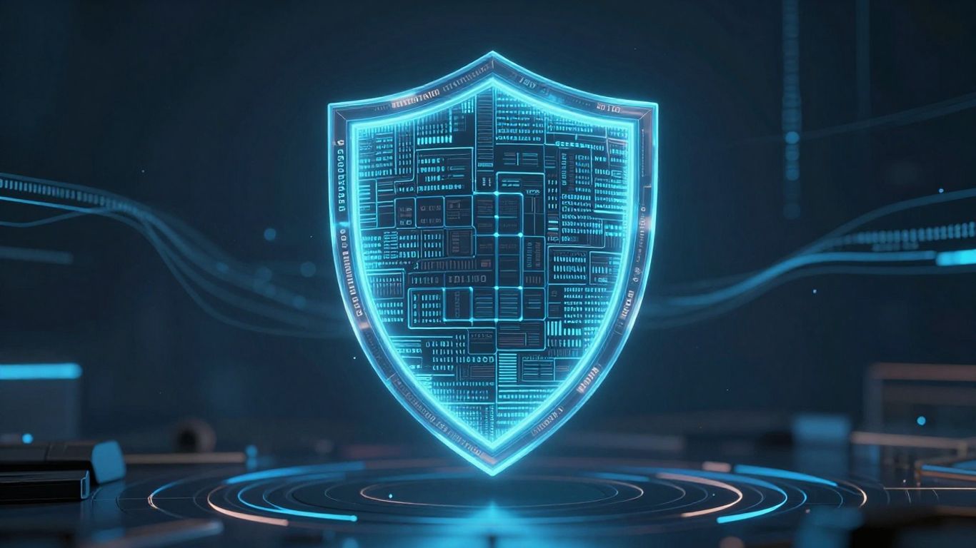 Digital shield with interconnected blocks and flowing code.