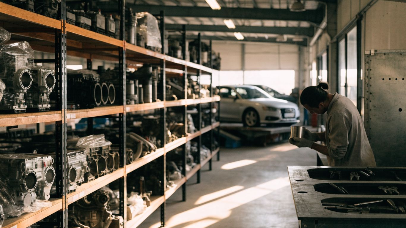 Used car parts organized on shelves in a warehouse