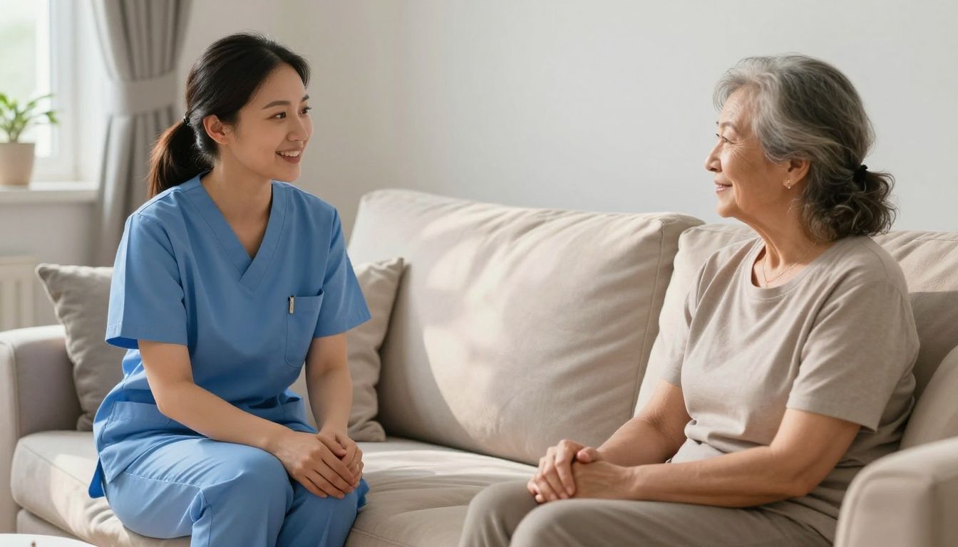 A compassionate female LPN in a blue uniform sits on a sofa in a sunlit living room, smiling and talking with an older woman who is comfortably seated next to her.