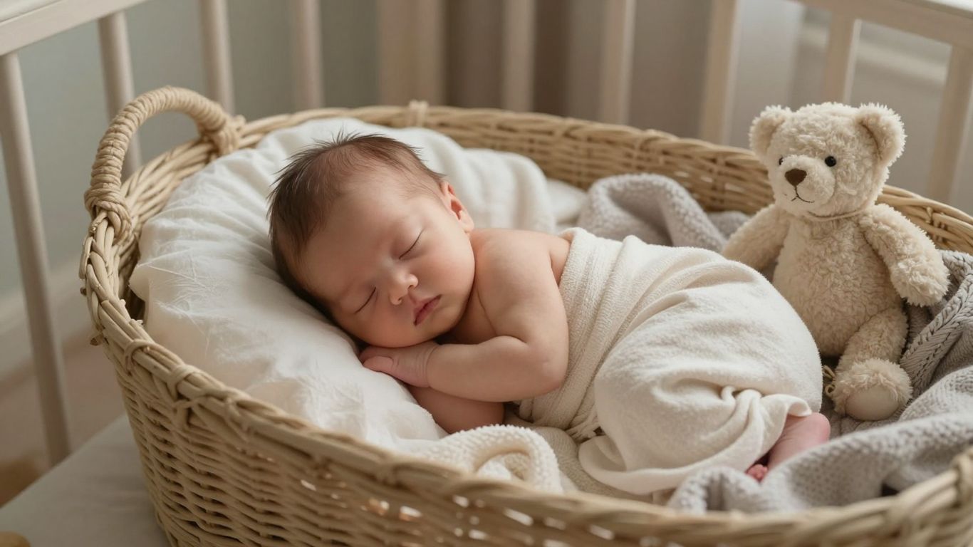 Bebé durmiendo en una cesta durante una sesión fotográfica.
