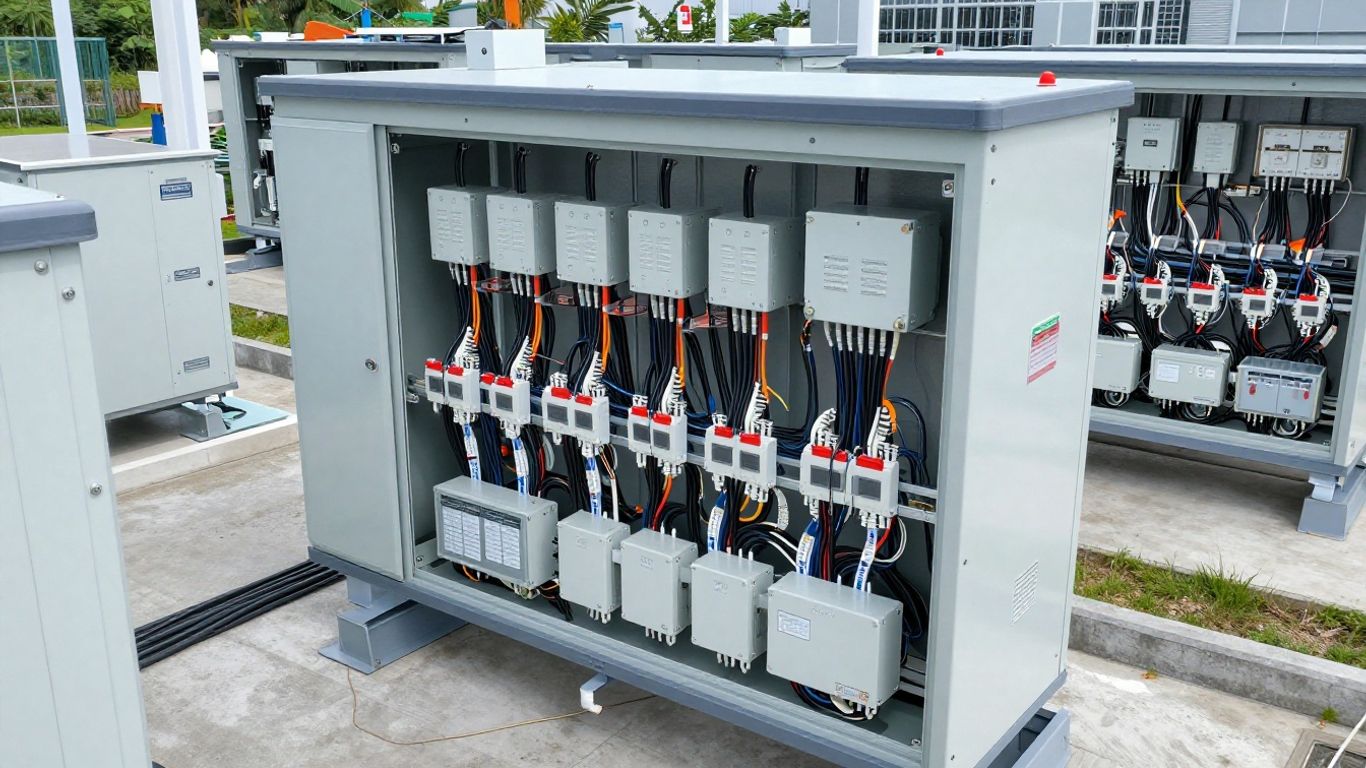 Business microgrid system with complex wiring and equipment.