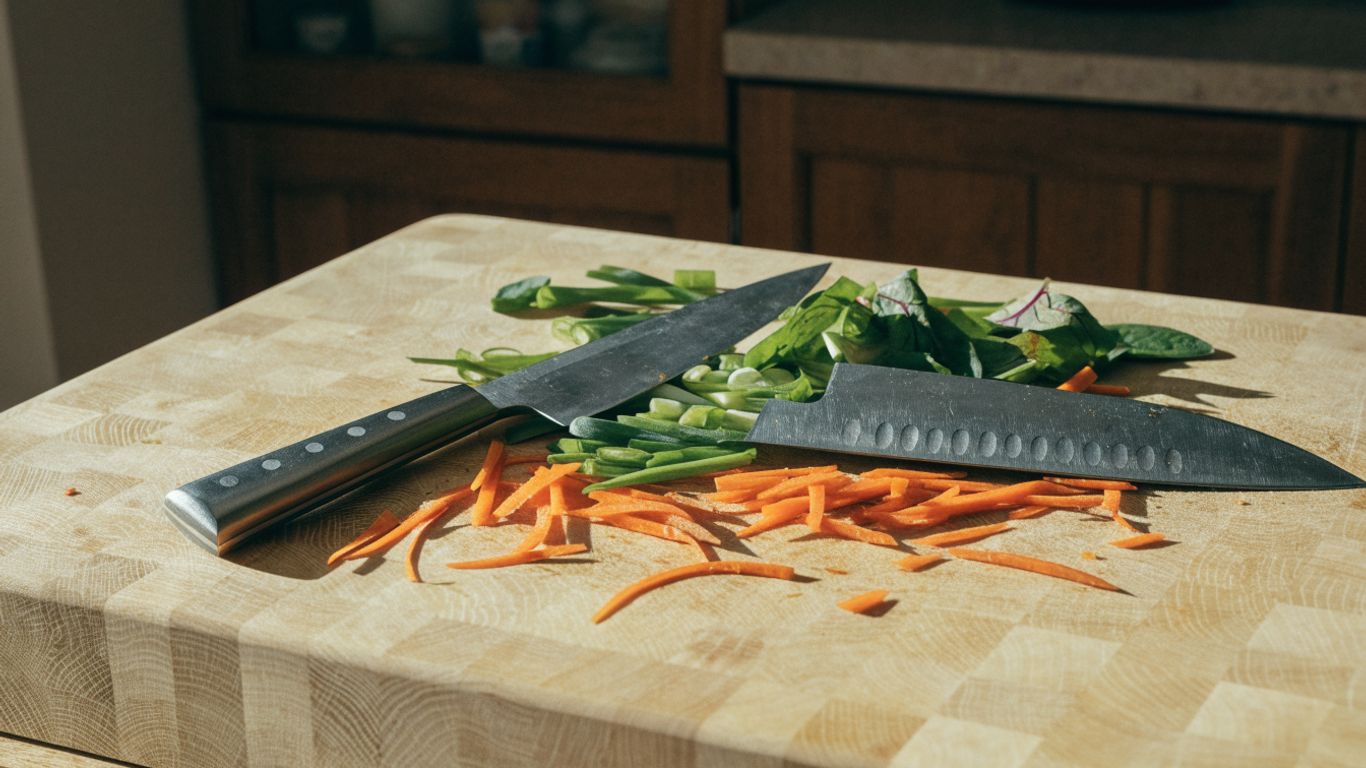 Nakiri and santoku knives beside fresh vegetables