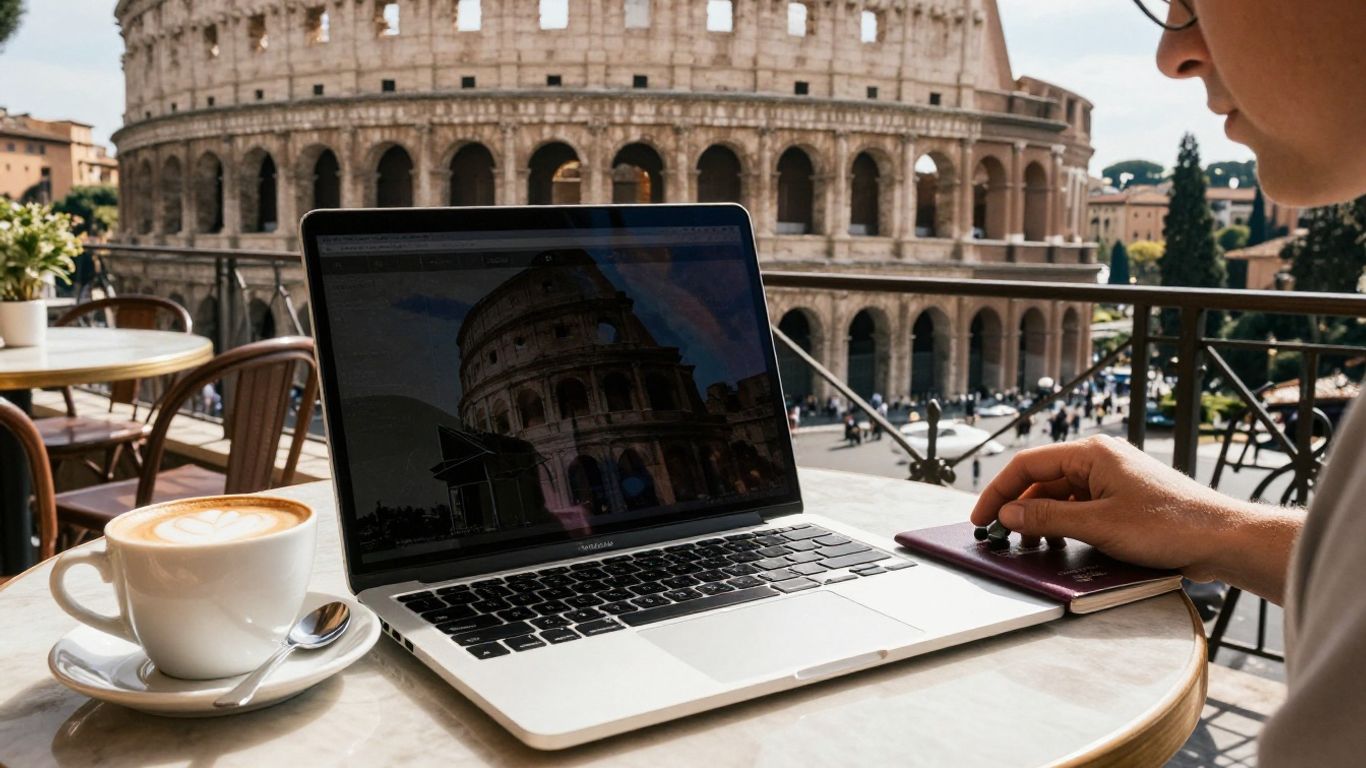 Digital nomad working on laptop in Italy