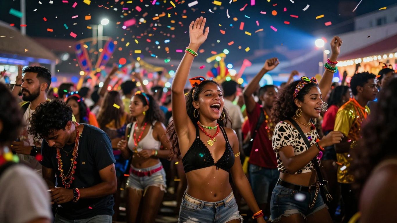 Pessoas dançando e celebrando no Carnaval, algumas felizes, outras cansadas.