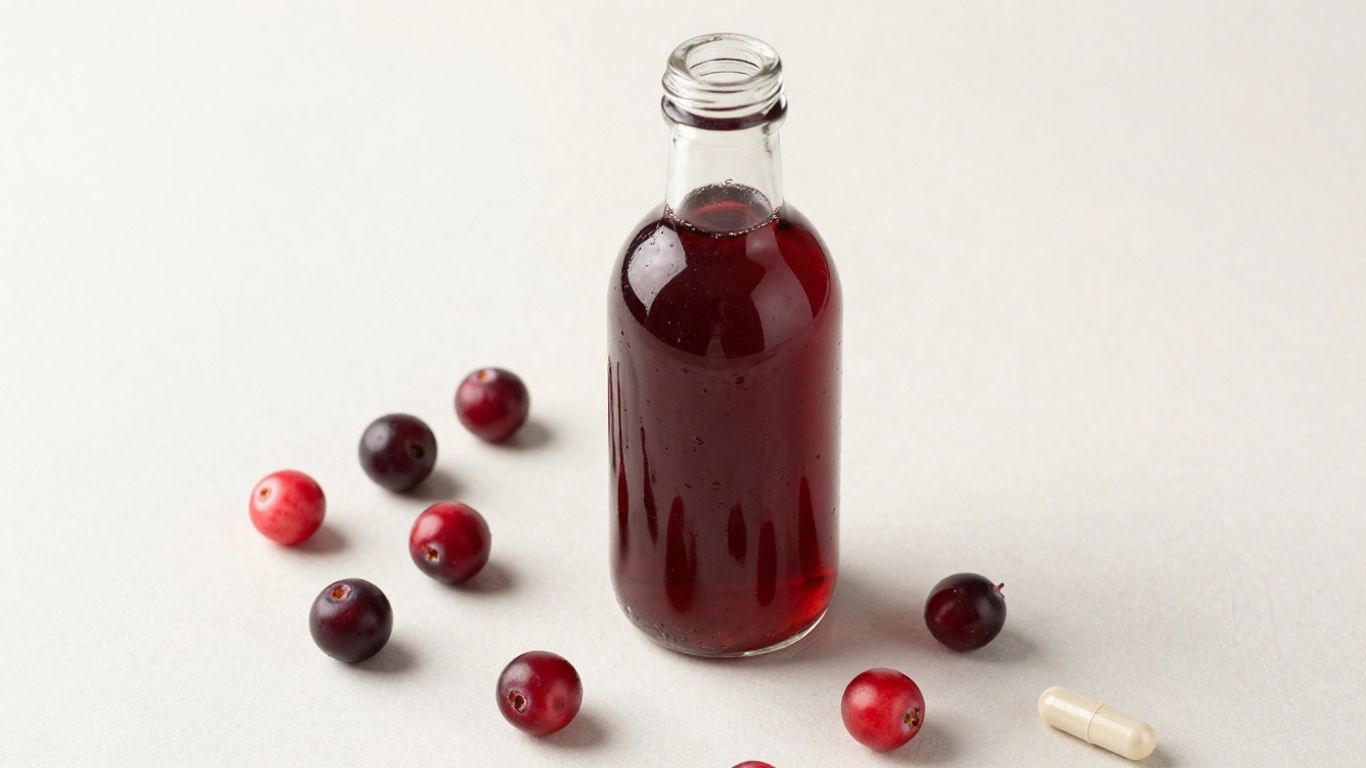Cranberry concentrate bottle with fresh cranberries and capsules.