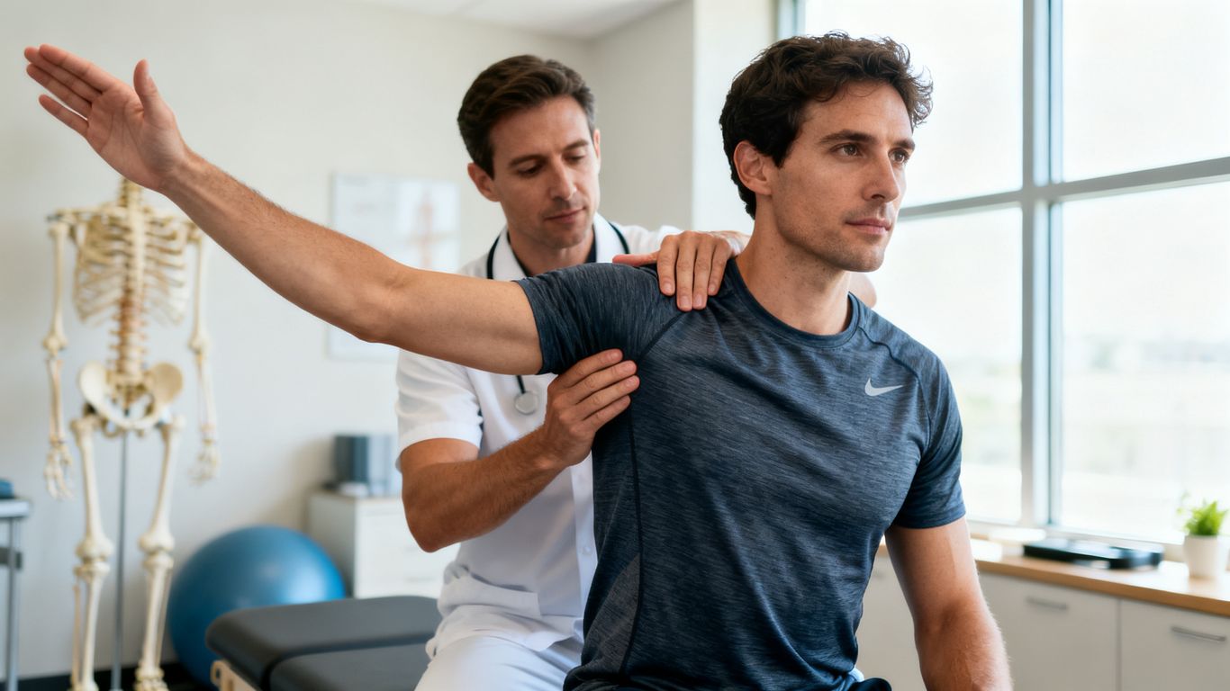 Active adult receiving movement guidance at a local clinic