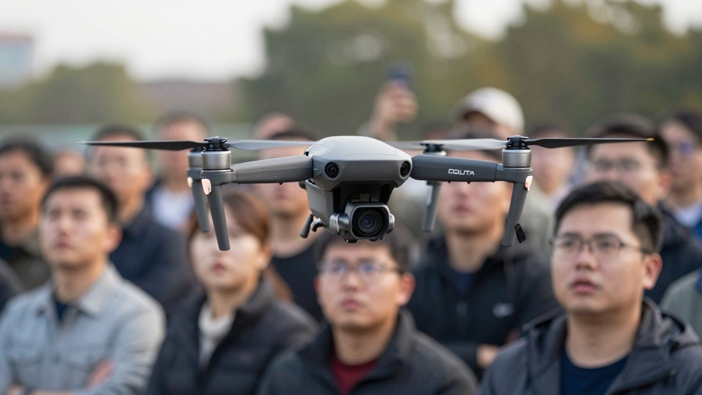 Drone flying over a crowd of people.