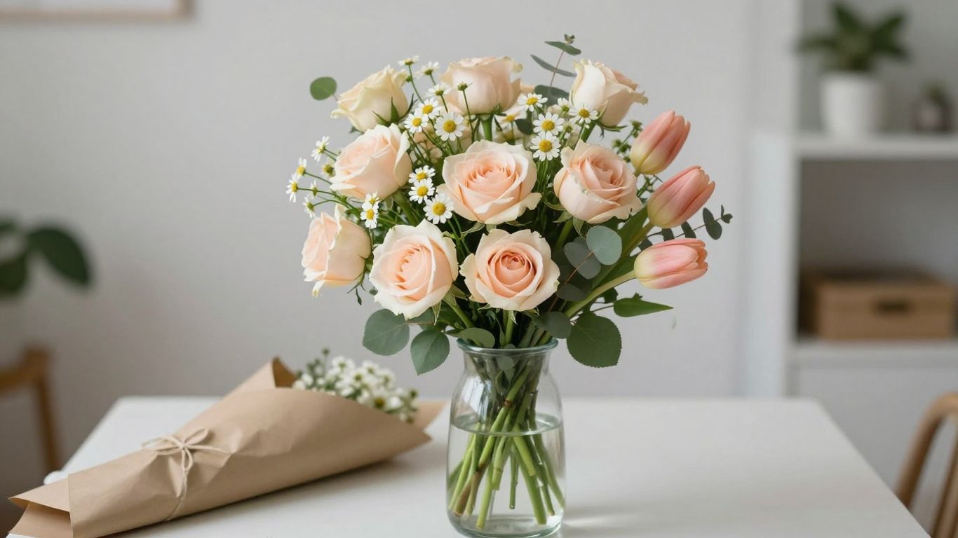 Compact pastel flowers in simple kraft paper
