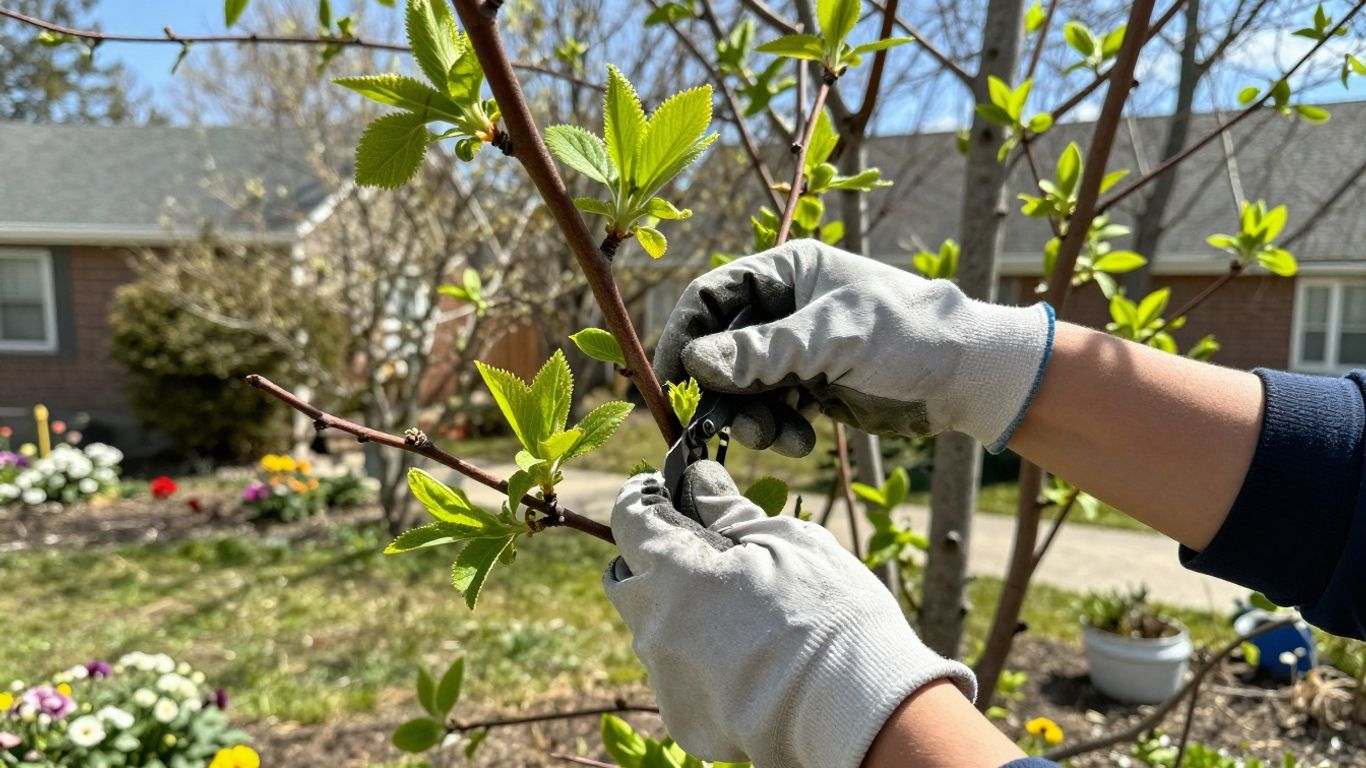 Gardener pruning a young tree in a yard.