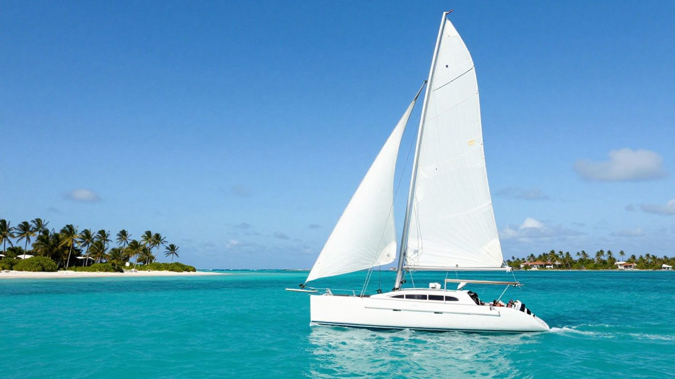 Catamaran sailing in clear Caribbean waters near islands.