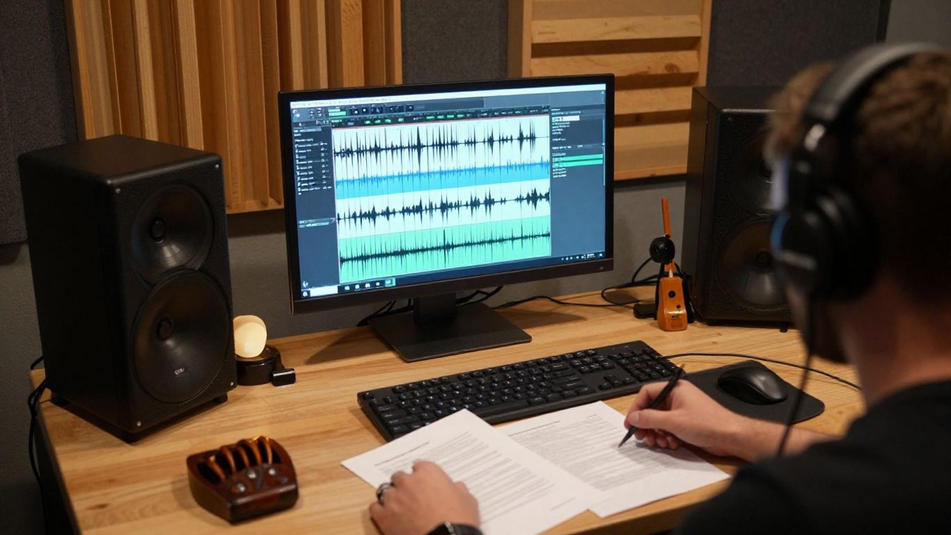 Musician reviewing AI song rights beside studio equipment