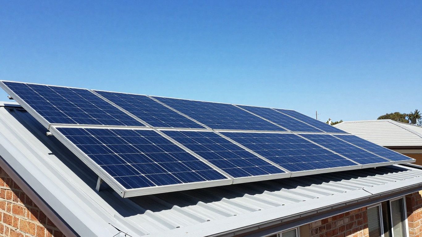 Solar panels on an Australian rooftop under a blue sky.