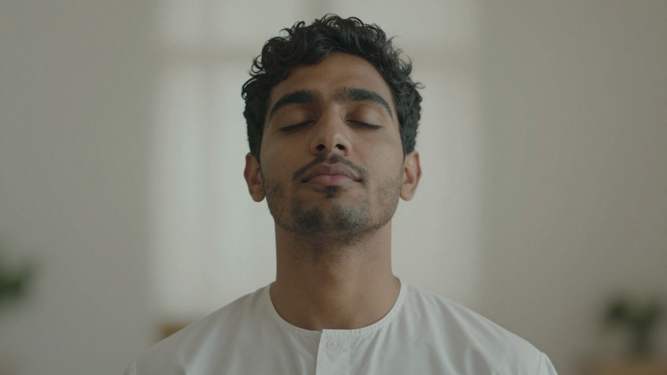 Persoană calmă respirând adânc într-un mediu liniștit.