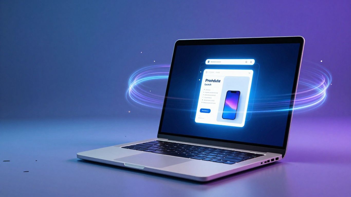 Laptop displaying a new product with energetic light trails.