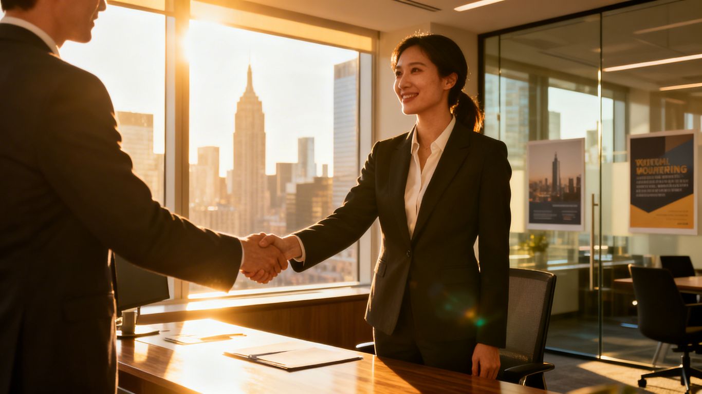 Bilingual professional shaking hands, career advancement.
