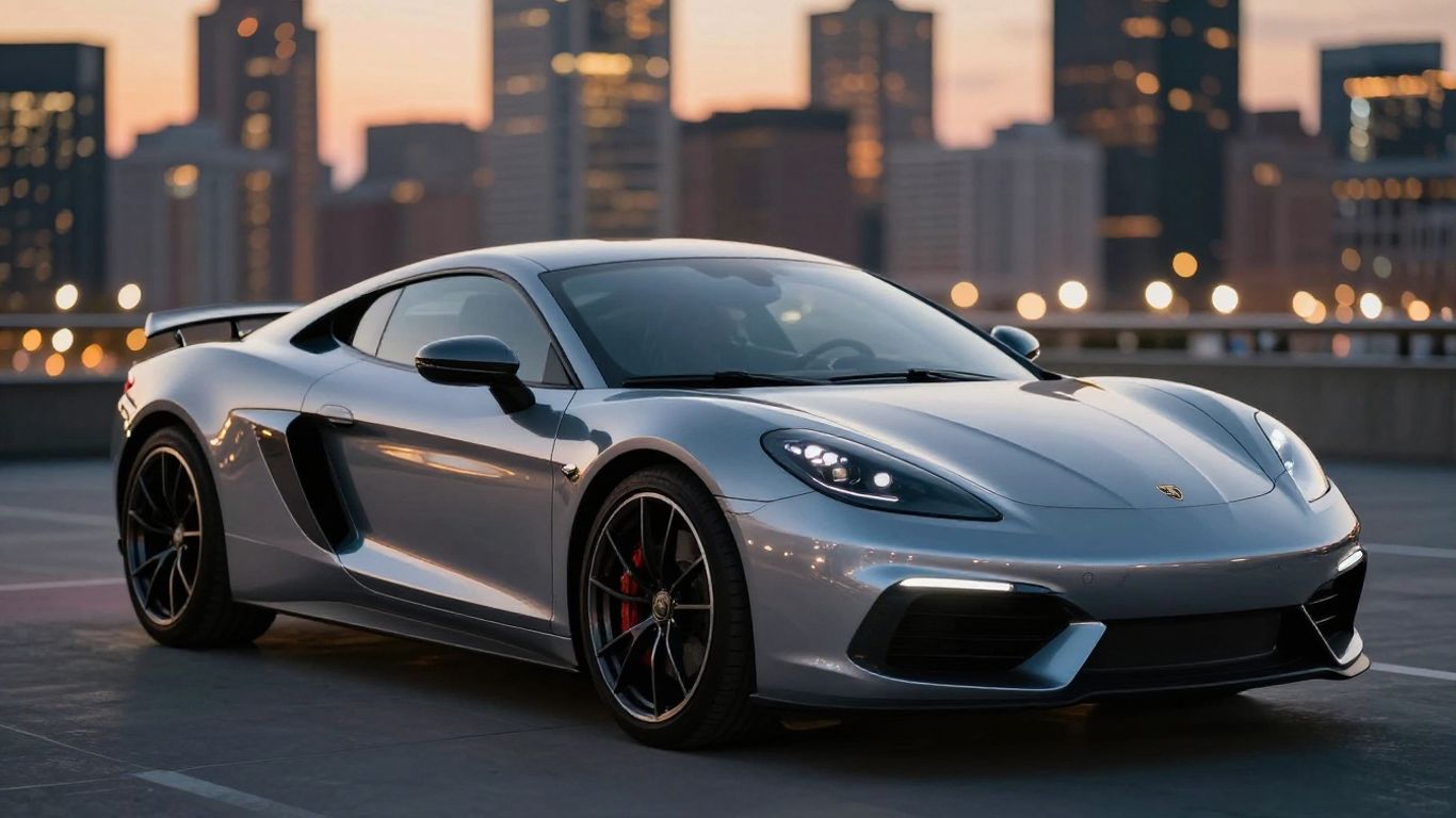 Modern sports car with city lights in the background.