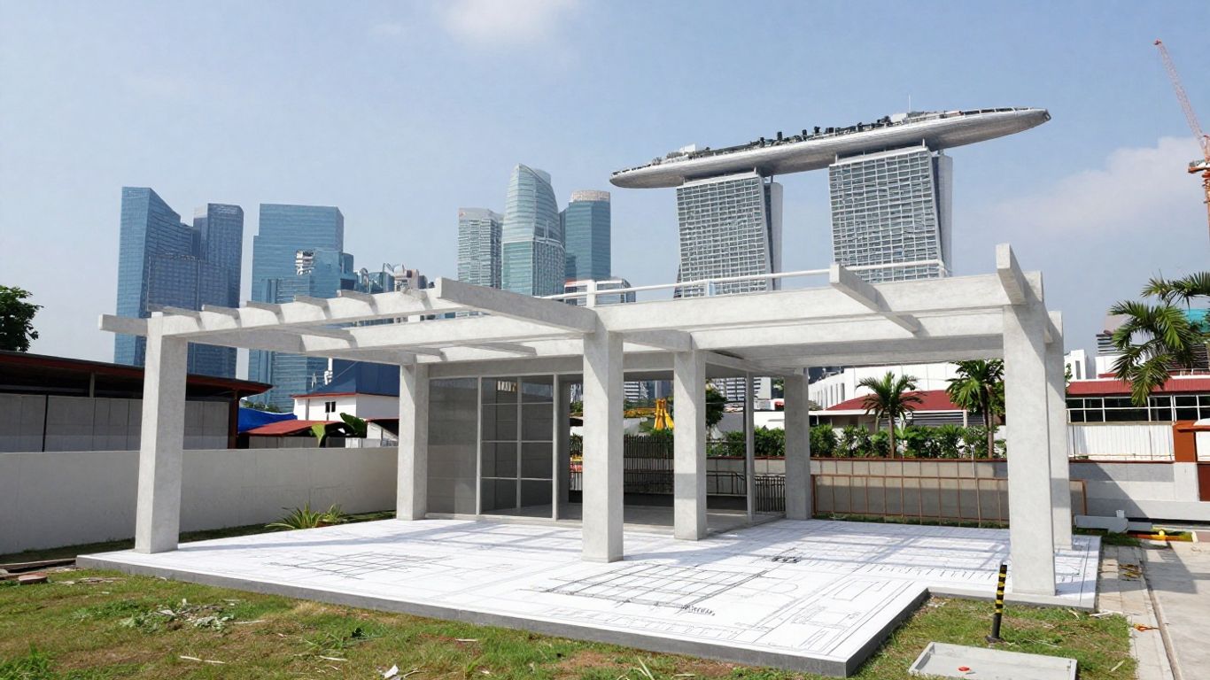 Singapore renovation engineering blueprint with skyline